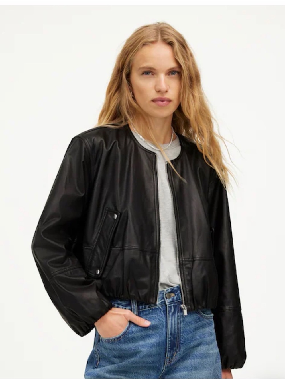 Madewell Black Leather Zip-Front Bomber Jacket
